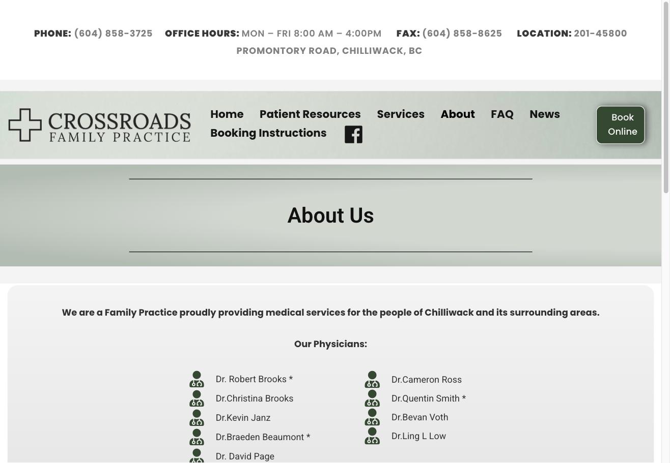 Crossroads Family Practice About page, listing clinic physicians